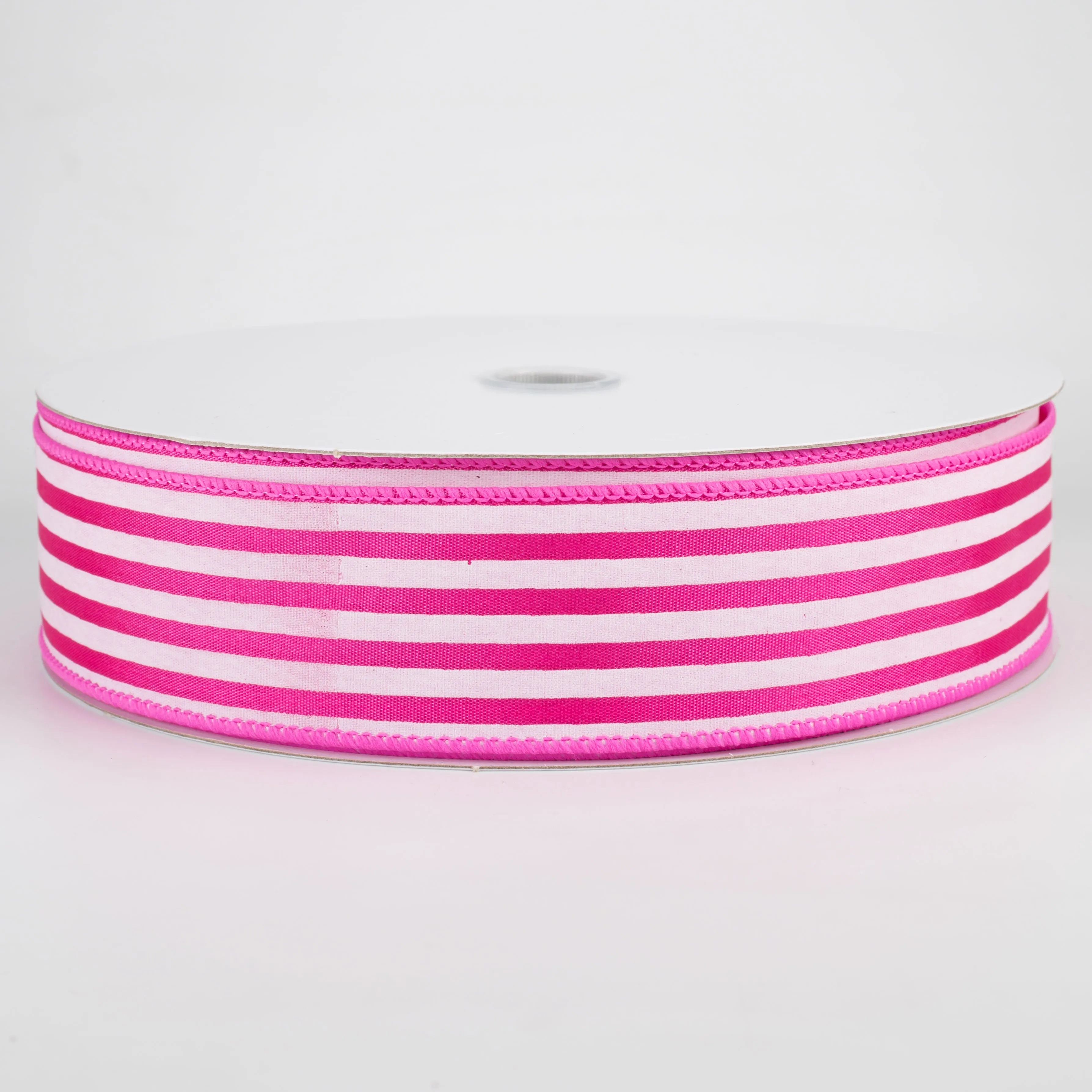 1.5" Cabana Stripes Ribbon: White on Fuchsia Satin (50 Yards)