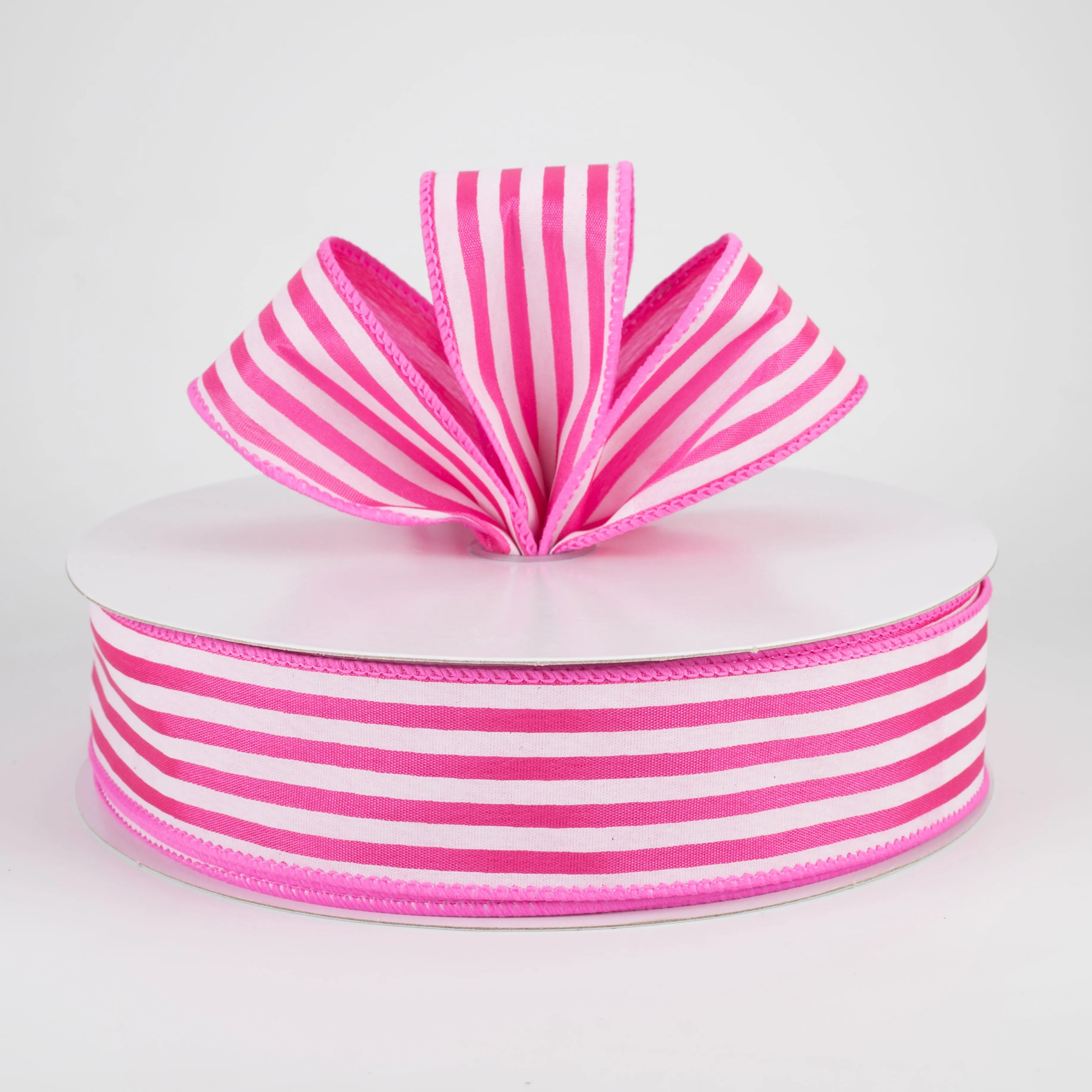 1.5" Cabana Stripes Ribbon: White on Fuchsia Satin (50 Yards)