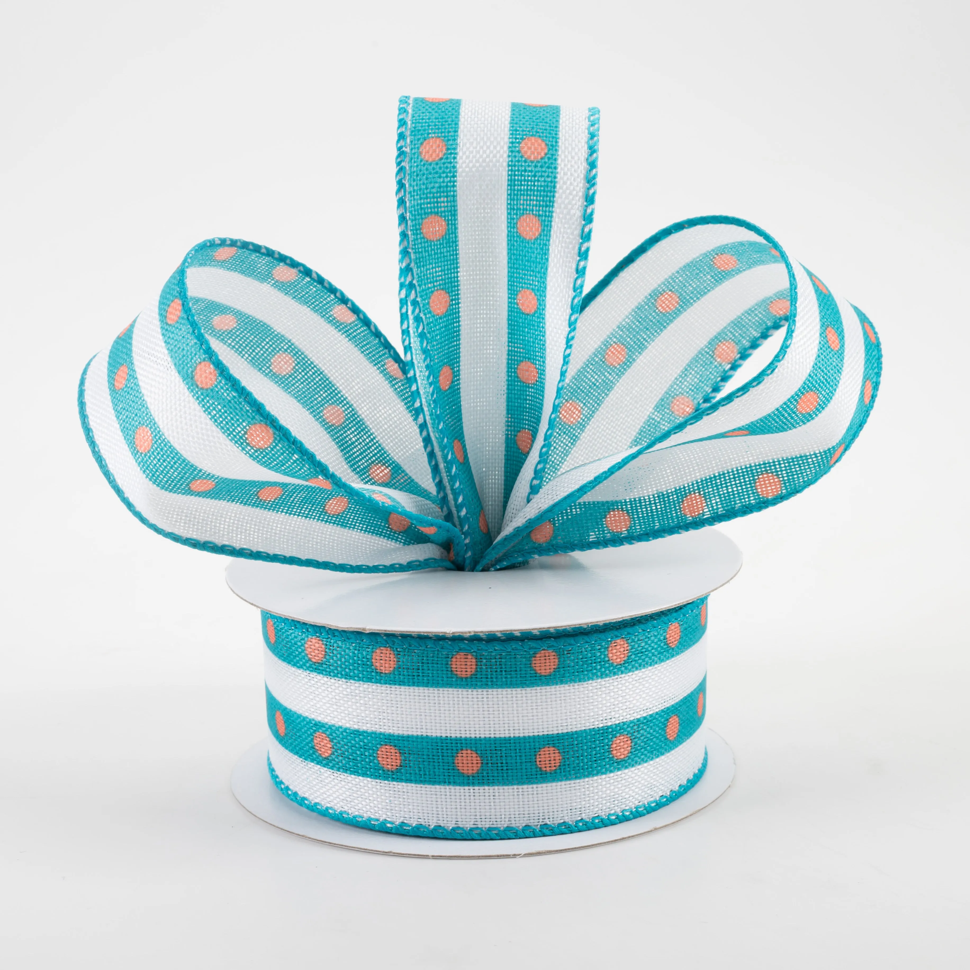 1.5" Dot Stripe Linen Ribbon: White, Teal, Coral (10 Yards)