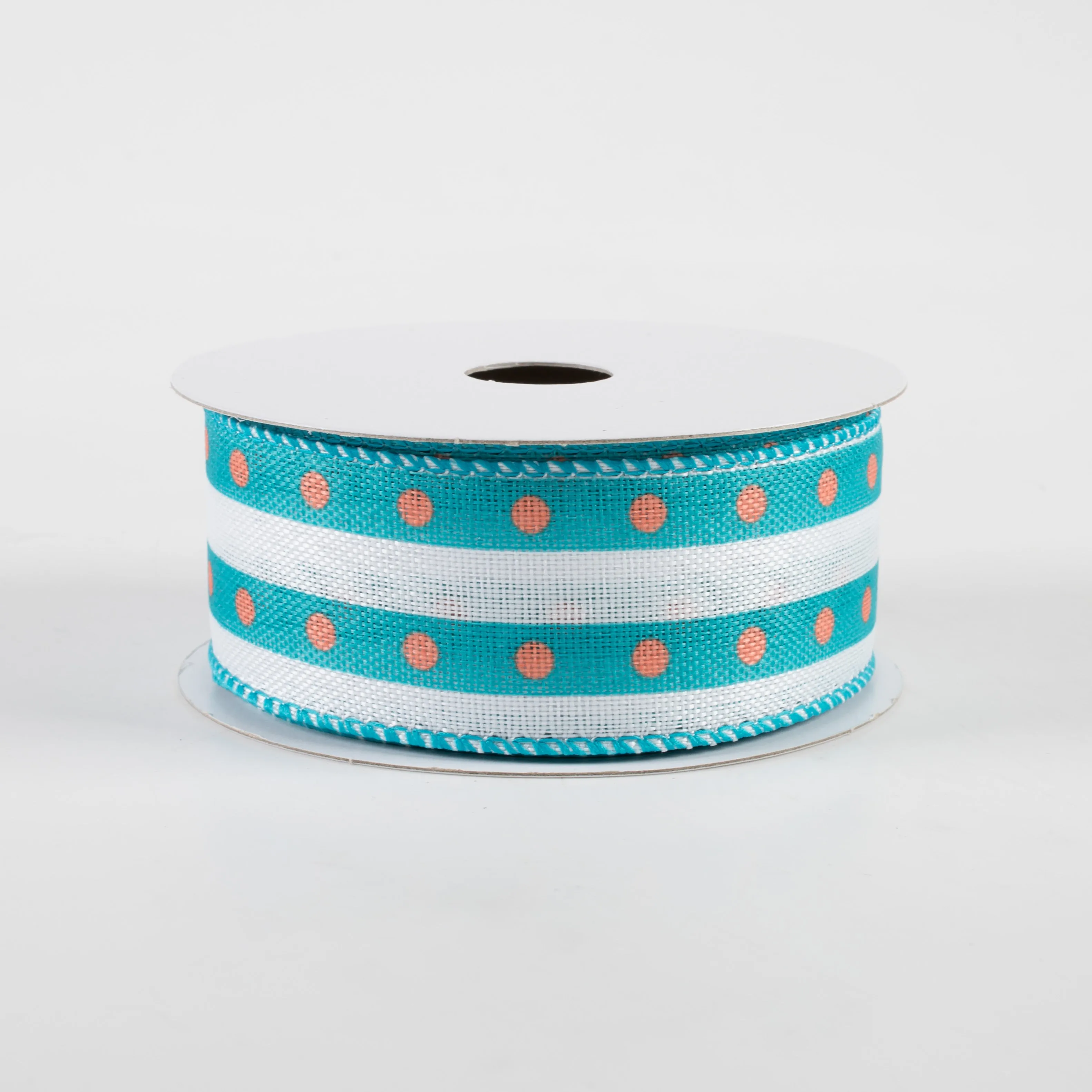 1.5" Dot Stripe Linen Ribbon: White, Teal, Coral (10 Yards)