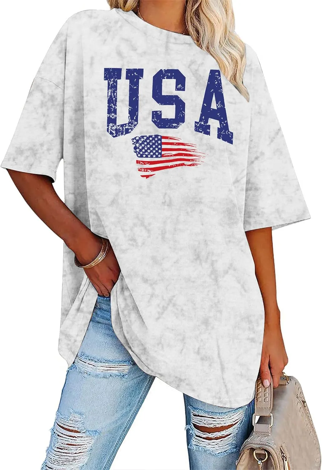 American Flag Shirt: USA Shirt for Women Oversized 4th of July Shirts Patriotic T-Shirt Bleached Short Sleeve Tops