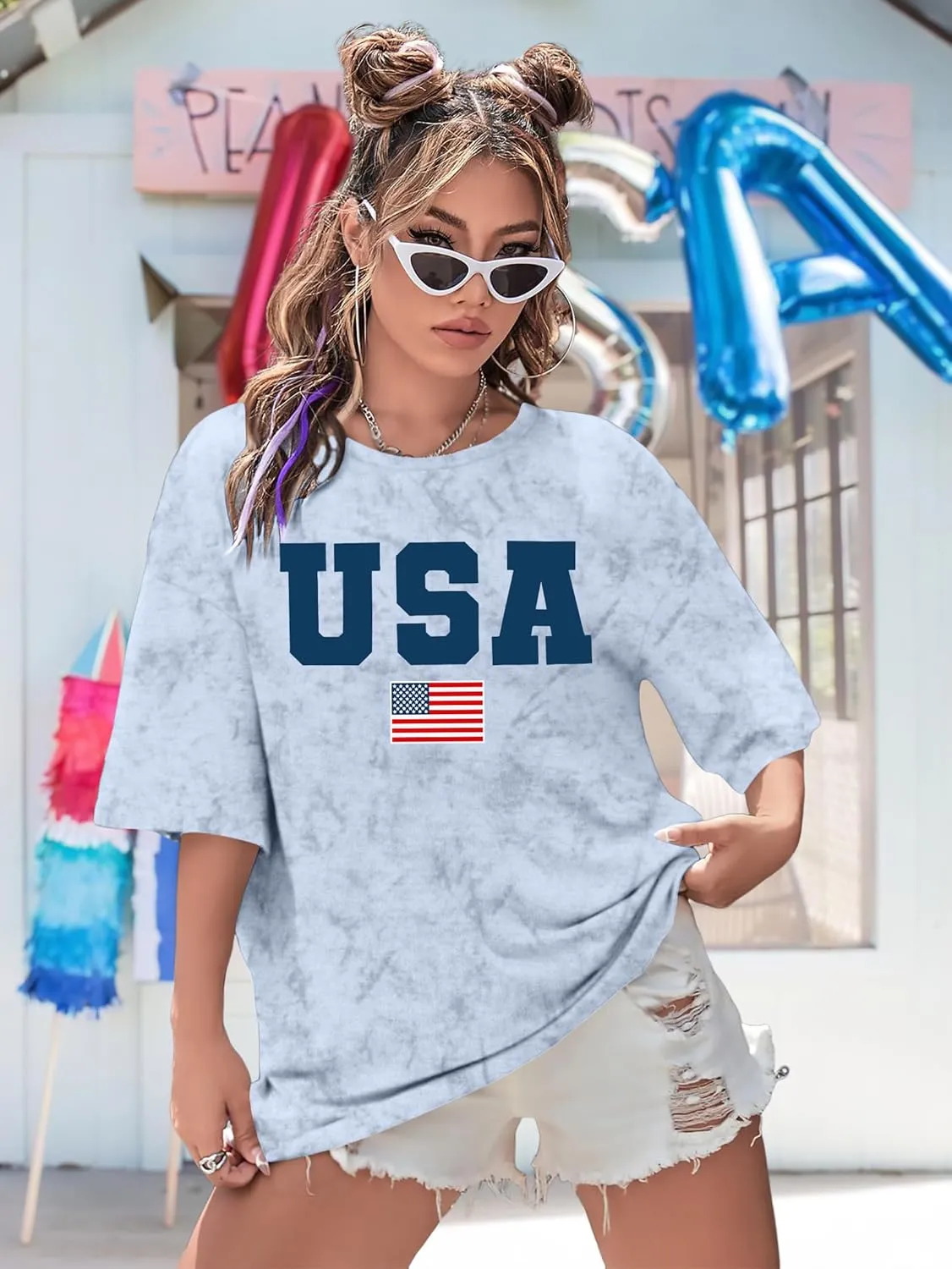 American Flag Shirt: USA Shirt for Women Oversized 4th of July Shirts Patriotic T-Shirt Bleached Short Sleeve Tops