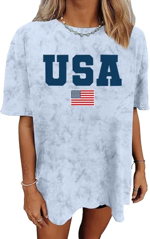 American Flag Shirt: USA Shirt for Women Oversized 4th of July Shirts Patriotic T-Shirt Bleached Short Sleeve Tops