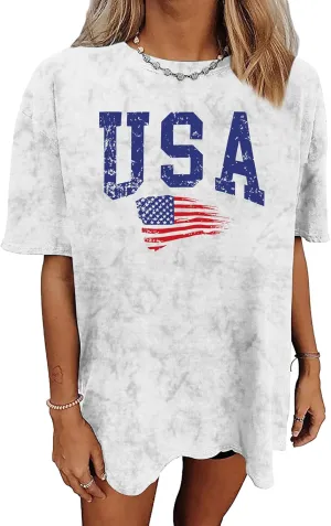 American Flag Shirt: USA Shirt for Women Oversized 4th of July Shirts Patriotic T-Shirt Bleached Short Sleeve Tops