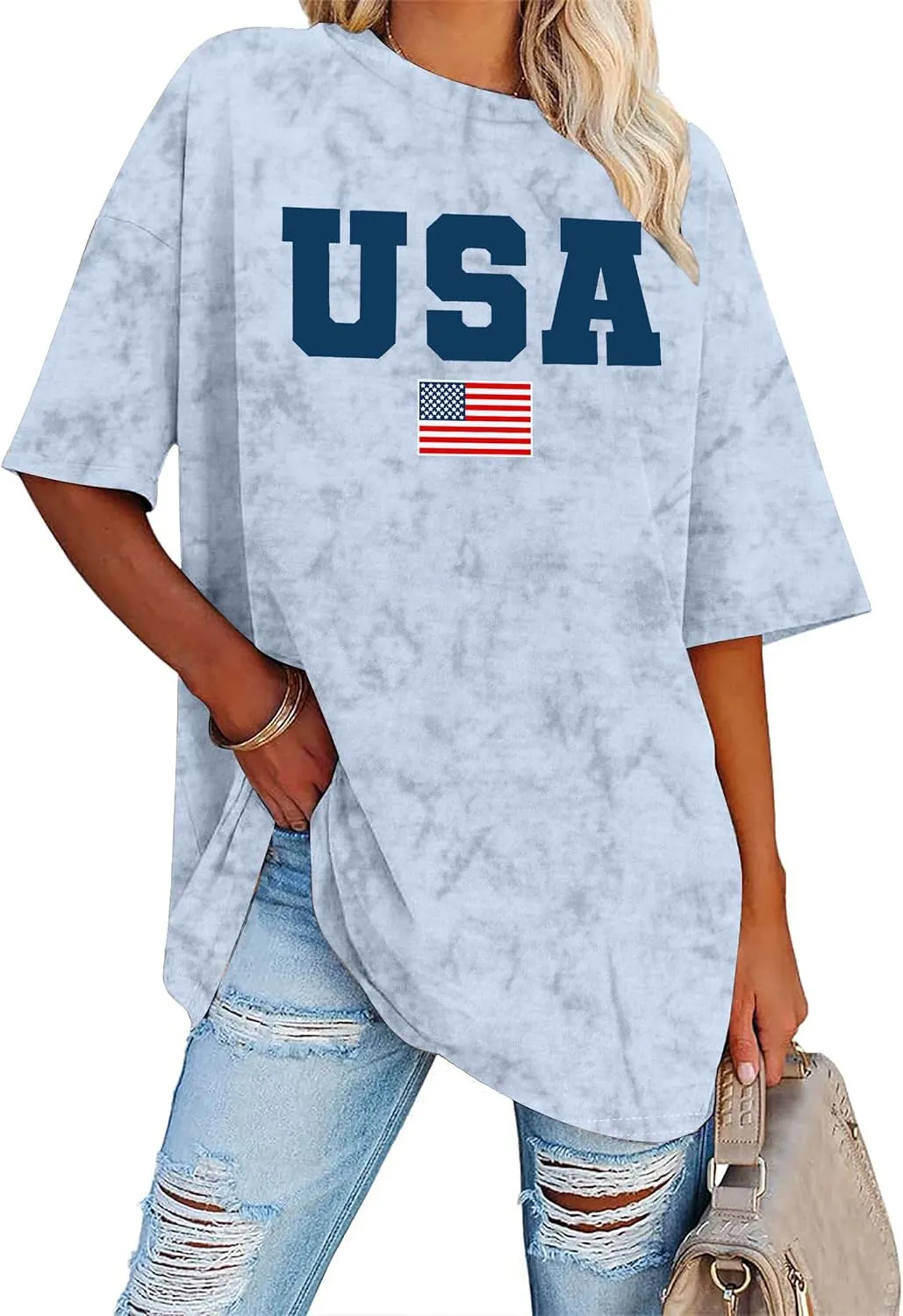 American Flag Shirt: USA Shirt for Women Oversized 4th of July Shirts Patriotic T-Shirt Bleached Short Sleeve Tops