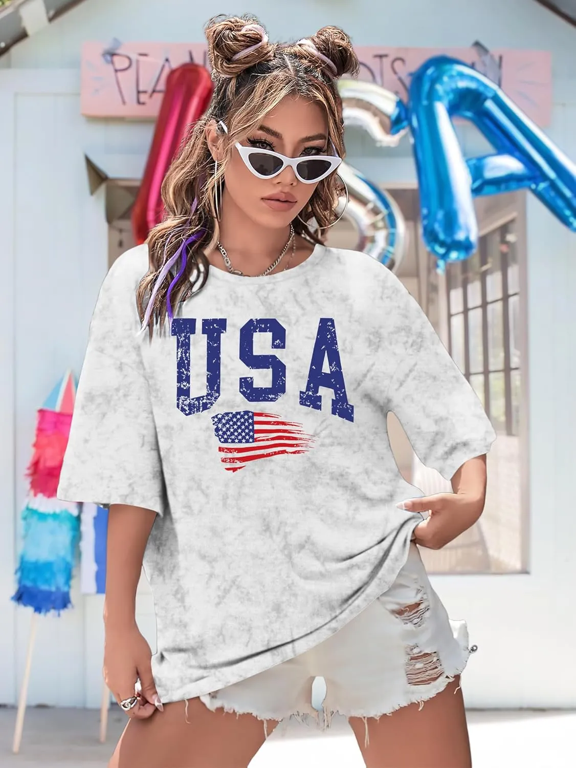 American Flag Shirt: USA Shirt for Women Oversized 4th of July Shirts Patriotic T-Shirt Bleached Short Sleeve Tops