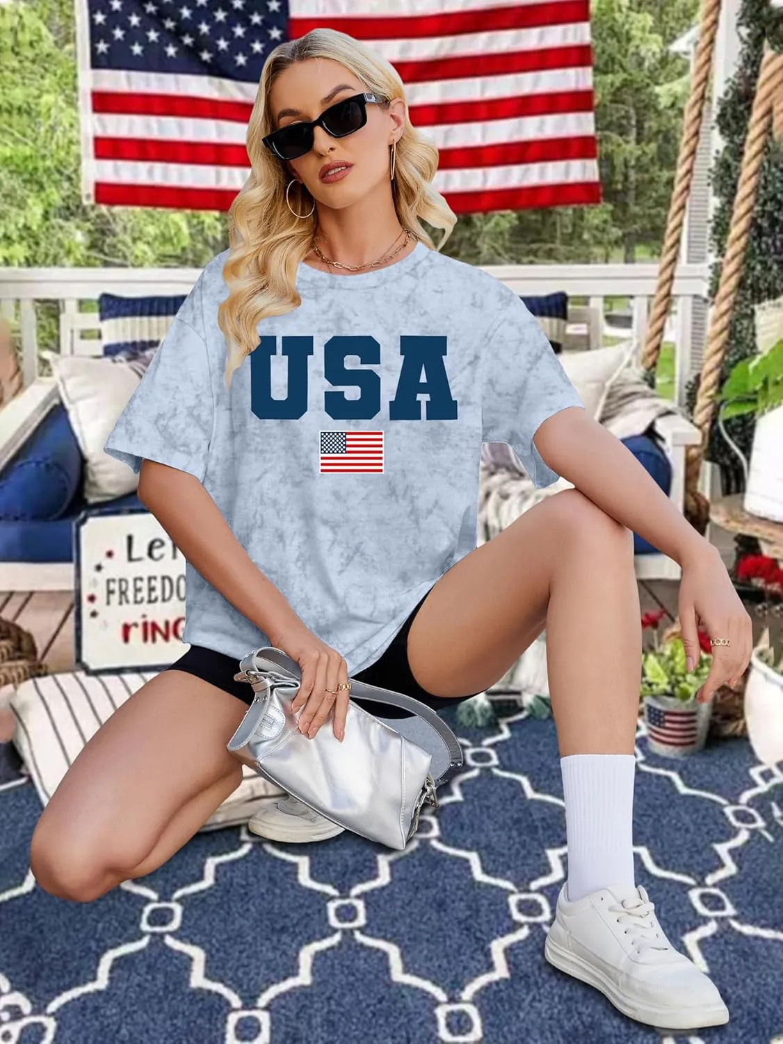 American Flag Shirt: USA Shirt for Women Oversized 4th of July Shirts Patriotic T-Shirt Bleached Short Sleeve Tops