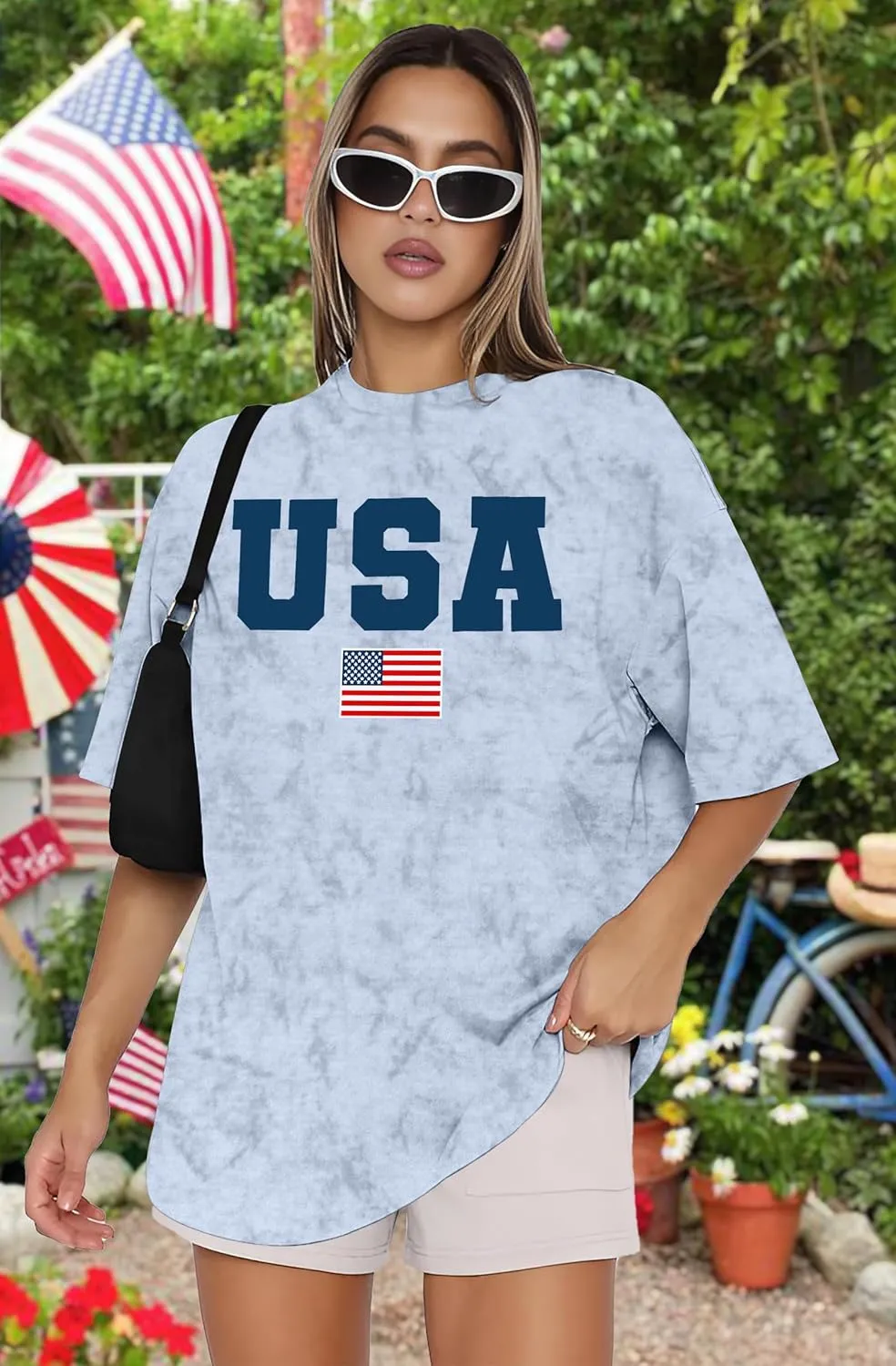 American Flag Shirt: USA Shirt for Women Oversized 4th of July Shirts Patriotic T-Shirt Bleached Short Sleeve Tops