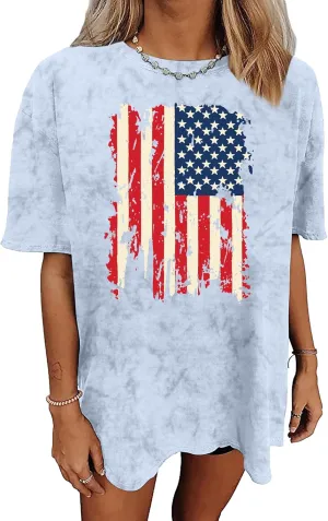 American Flag Shirt: USA Shirt for Women Oversized 4th of July Shirts Patriotic T-Shirt Bleached Short Sleeve Tops