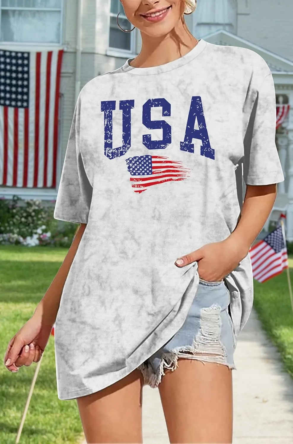 American Flag Shirt: USA Shirt for Women Oversized 4th of July Shirts Patriotic T-Shirt Bleached Short Sleeve Tops