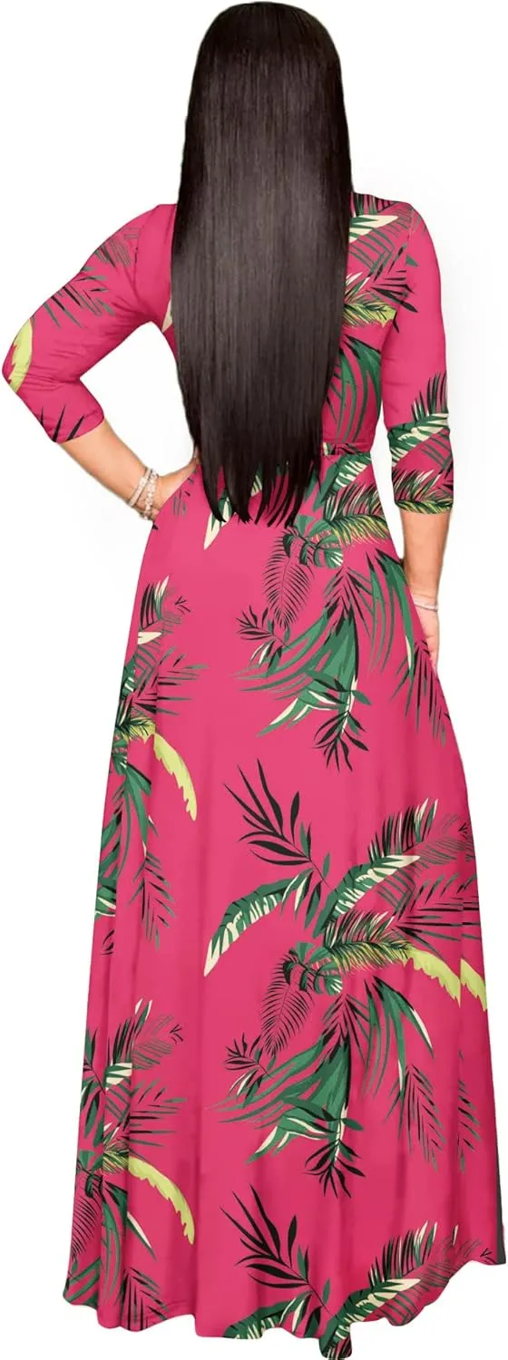 AOMONI Women's Floral Print Maxi Dresses Summer with Pockets Casual 3 4 Sleeve V-Neck Wrap Tie Waist Long Dress, M-3XL