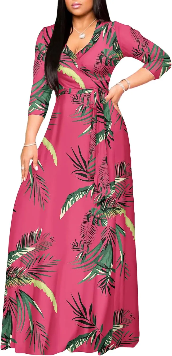 AOMONI Women's Floral Print Maxi Dresses Summer with Pockets Casual 3 4 Sleeve V-Neck Wrap Tie Waist Long Dress, M-3XL