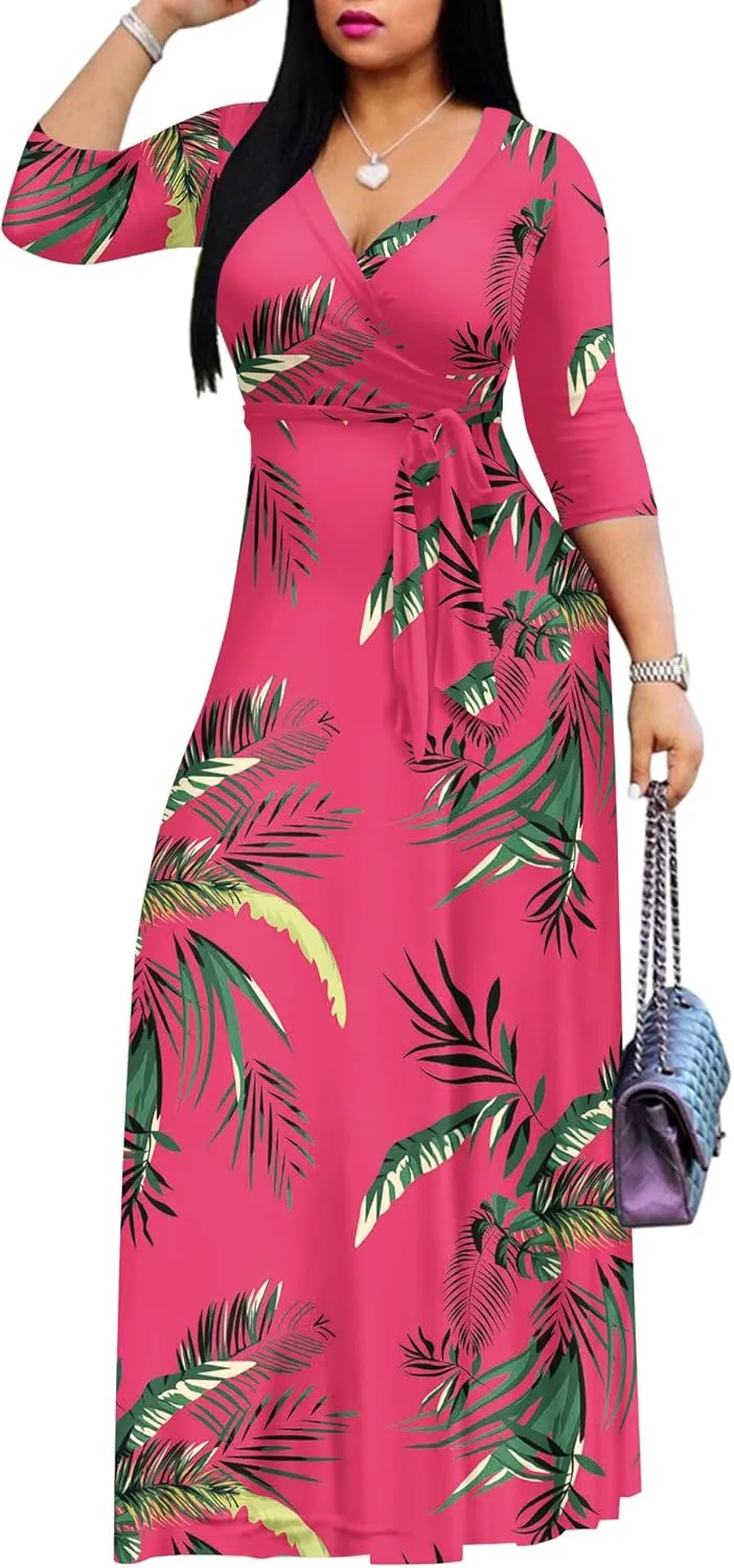 AOMONI Women's Floral Print Maxi Dresses Summer with Pockets Casual 3 4 Sleeve V-Neck Wrap Tie Waist Long Dress, M-3XL