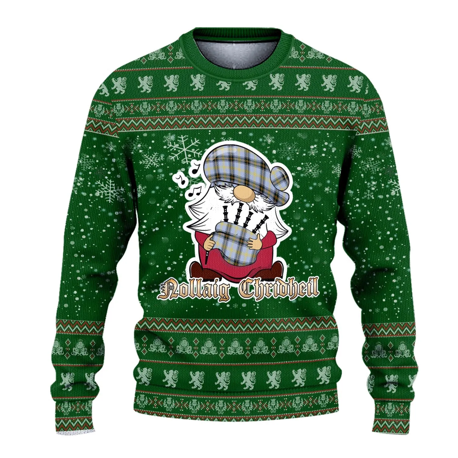 Bell Clan Christmas Family Ugly Sweater with Funny Gnome Playing Bagpipes