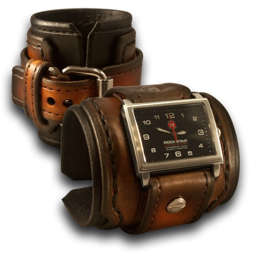 Black & Tan Stressed Layered Leather Cuff Watch