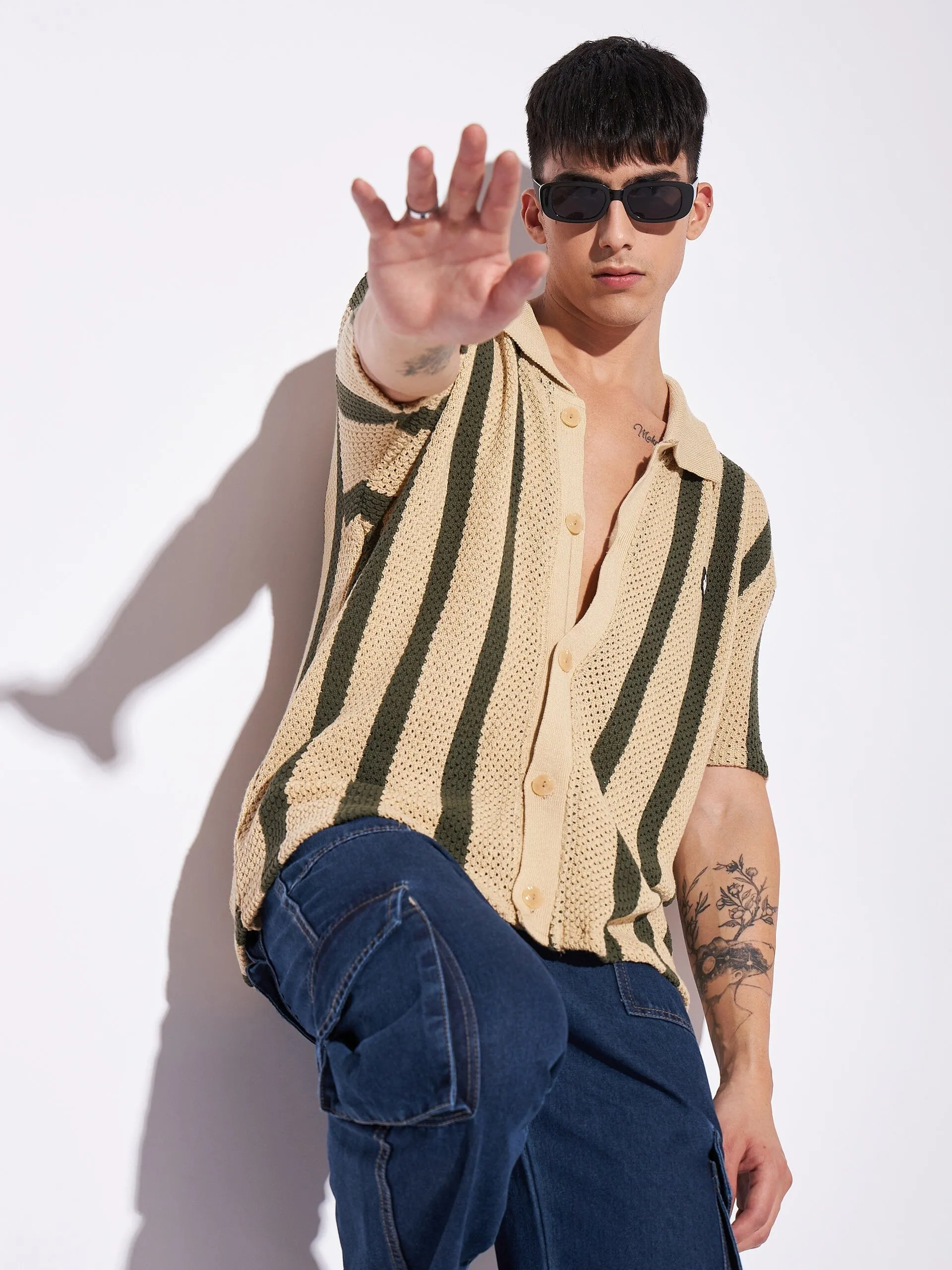Camel Stripes Crochet Knitted Shirt