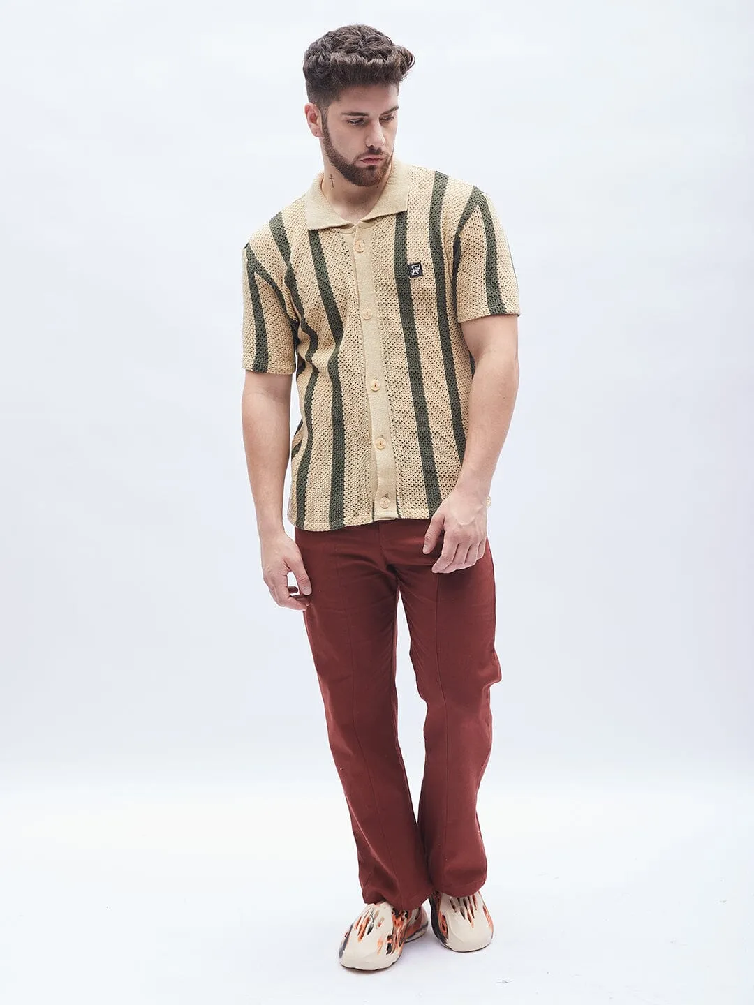 Camel Stripes Crochet Knitted Shirt