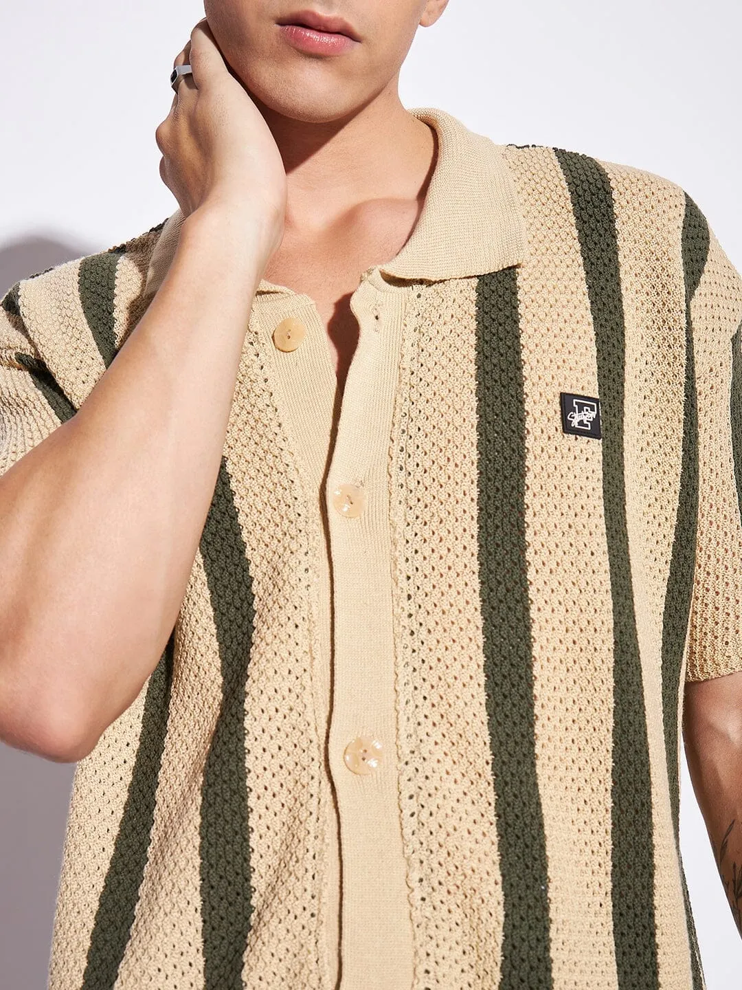 Camel Stripes Crochet Knitted Shirt