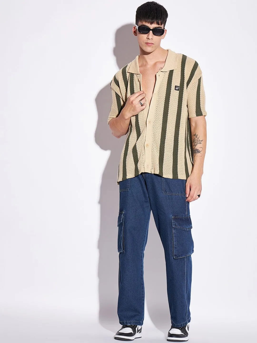 Camel Stripes Crochet Knitted Shirt
