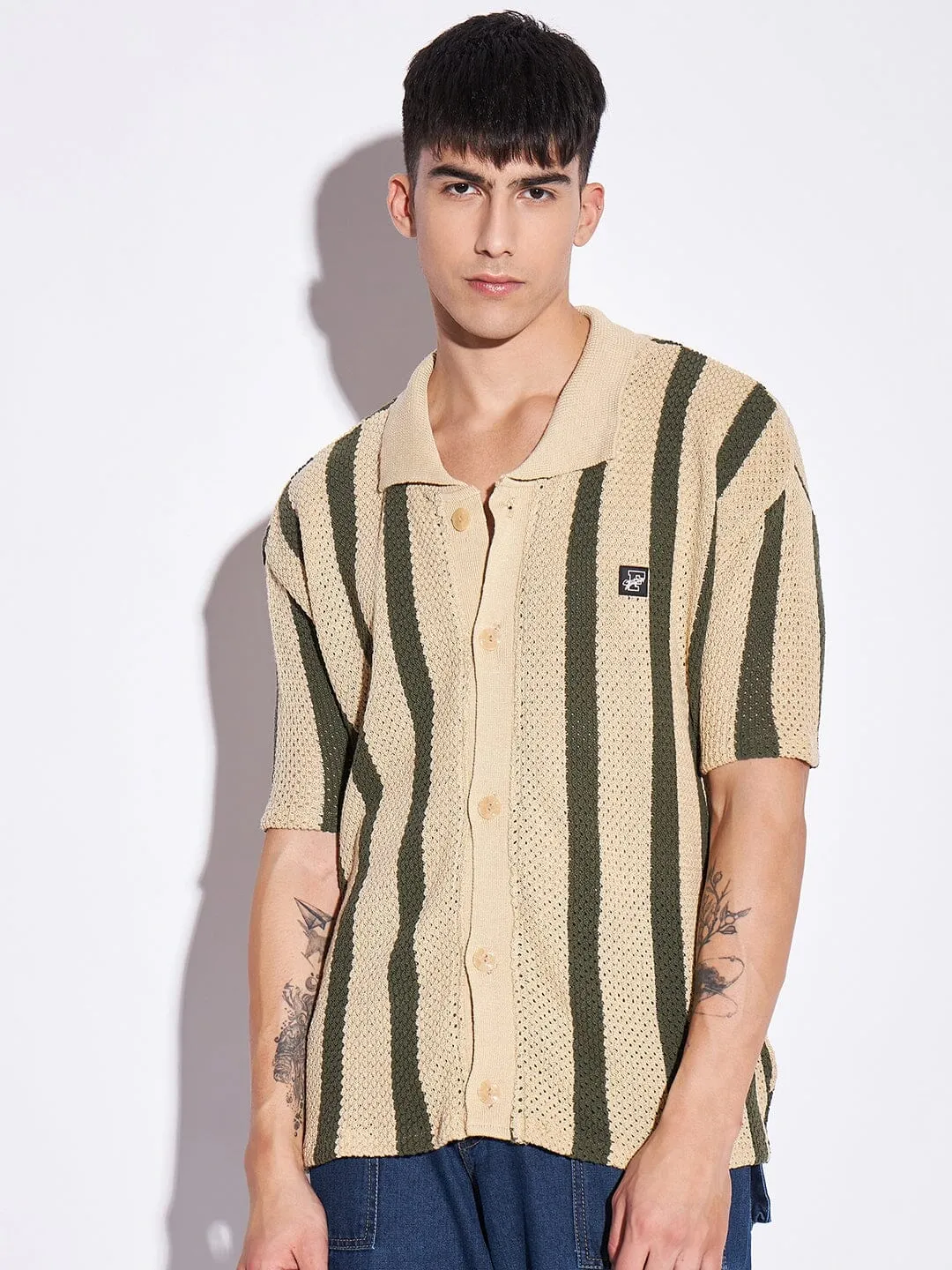 Camel Stripes Crochet Knitted Shirt