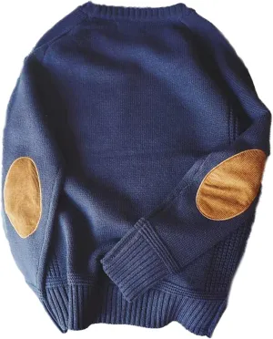 CORIRESHA Winter Vintage Men's Sweater Crew Neck Elbow Patch Thick Knit Sweater