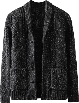 DGHM-JLMY Men's Sweater Knit Coat Cardigan Solid Color Cable Knit Button Down Sweater Shawl Collar Thick Knitted Sweater