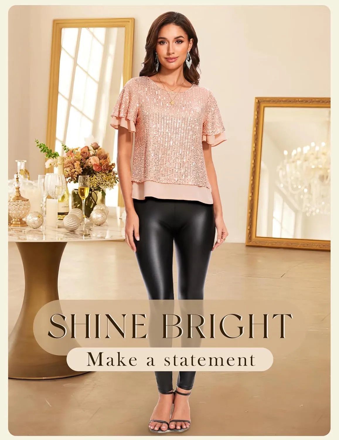 DRESSTELLS Women's Sparkly Sequin Tops, Glitter Party Cocktail Blouse, Ruffle Evening Club Concert Shirts
