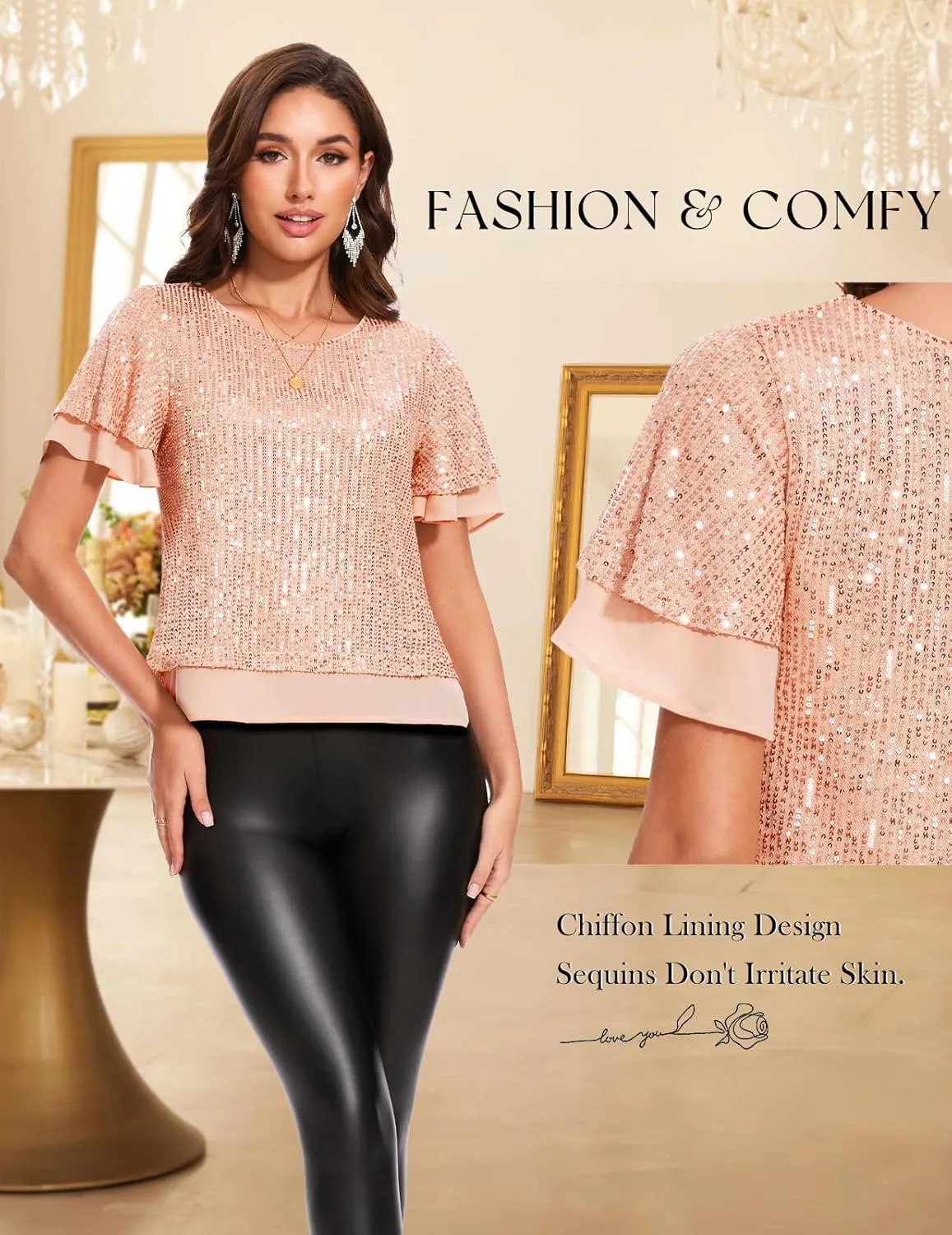 DRESSTELLS Women's Sparkly Sequin Tops, Glitter Party Cocktail Blouse, Ruffle Evening Club Concert Shirts