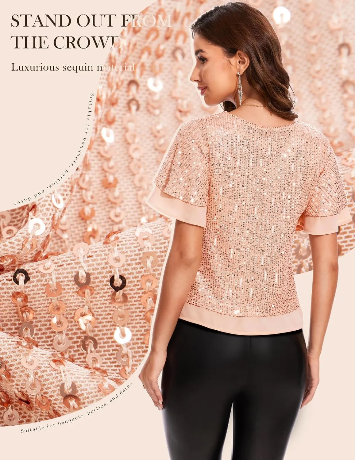DRESSTELLS Women's Sparkly Sequin Tops, Glitter Party Cocktail Blouse, Ruffle Evening Club Concert Shirts