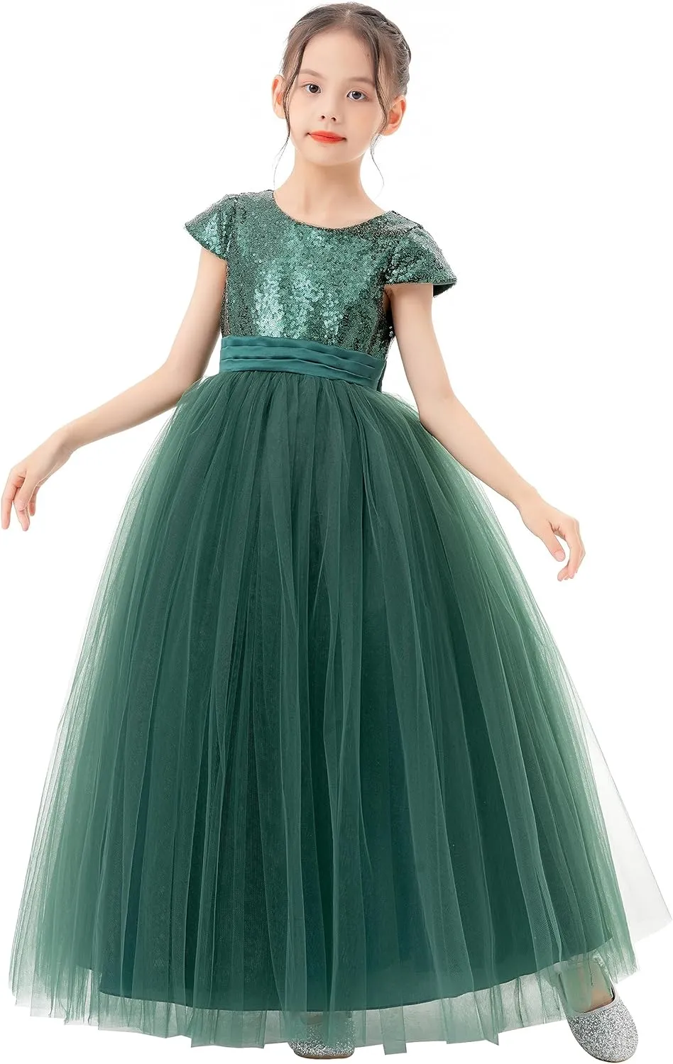 ekidsbridal Sequins V-Back Cap Sleeves Formal Flower Girl Dresses for Junior Pageants 323