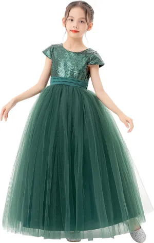 ekidsbridal Sequins V-Back Cap Sleeves Formal Flower Girl Dresses for Junior Pageants 323