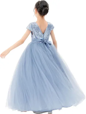 ekidsbridal Sequins V-Back Cap Sleeves Formal Flower Girl Dresses for Junior Pageants 323