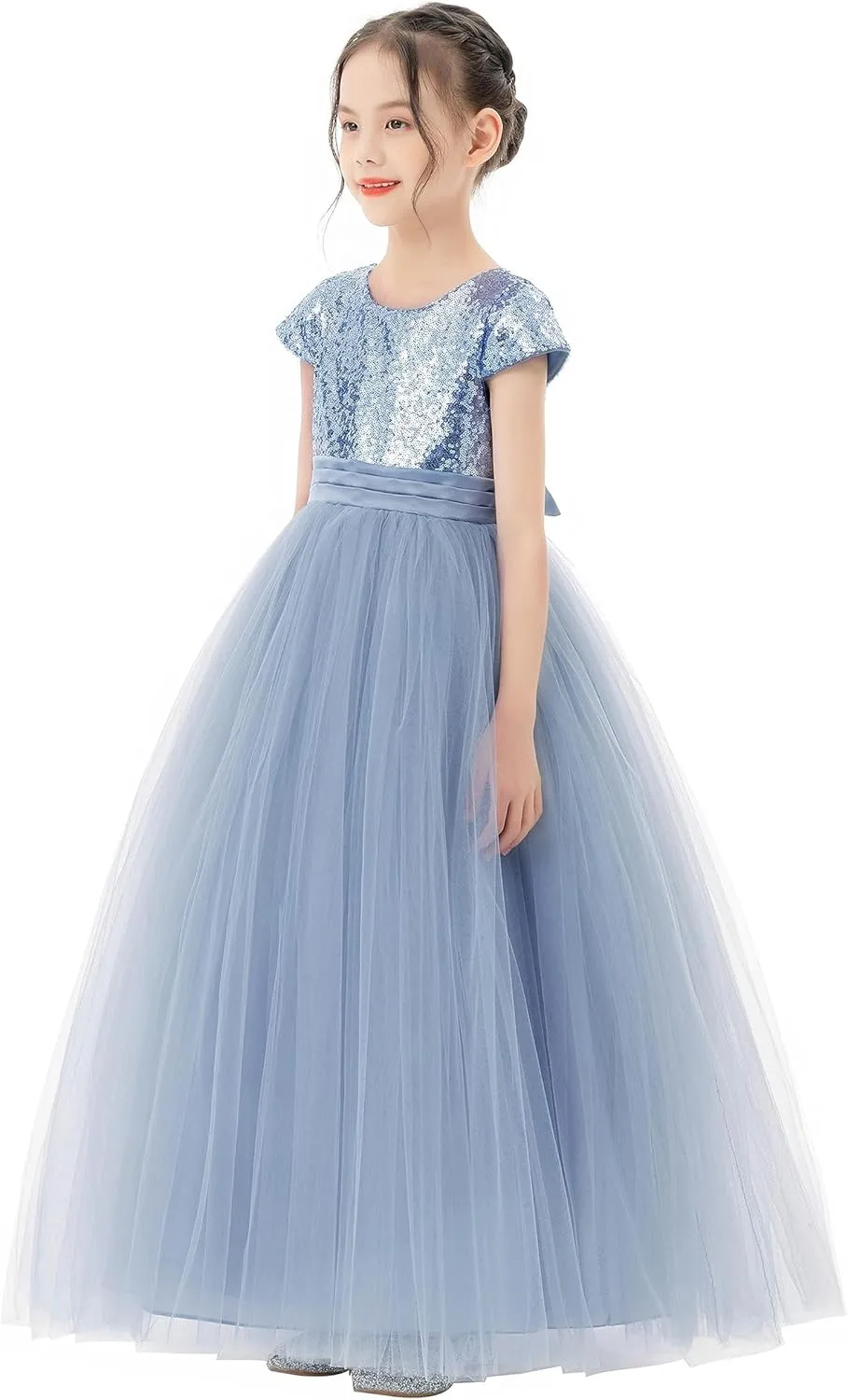 ekidsbridal Sequins V-Back Cap Sleeves Formal Flower Girl Dresses for Junior Pageants 323