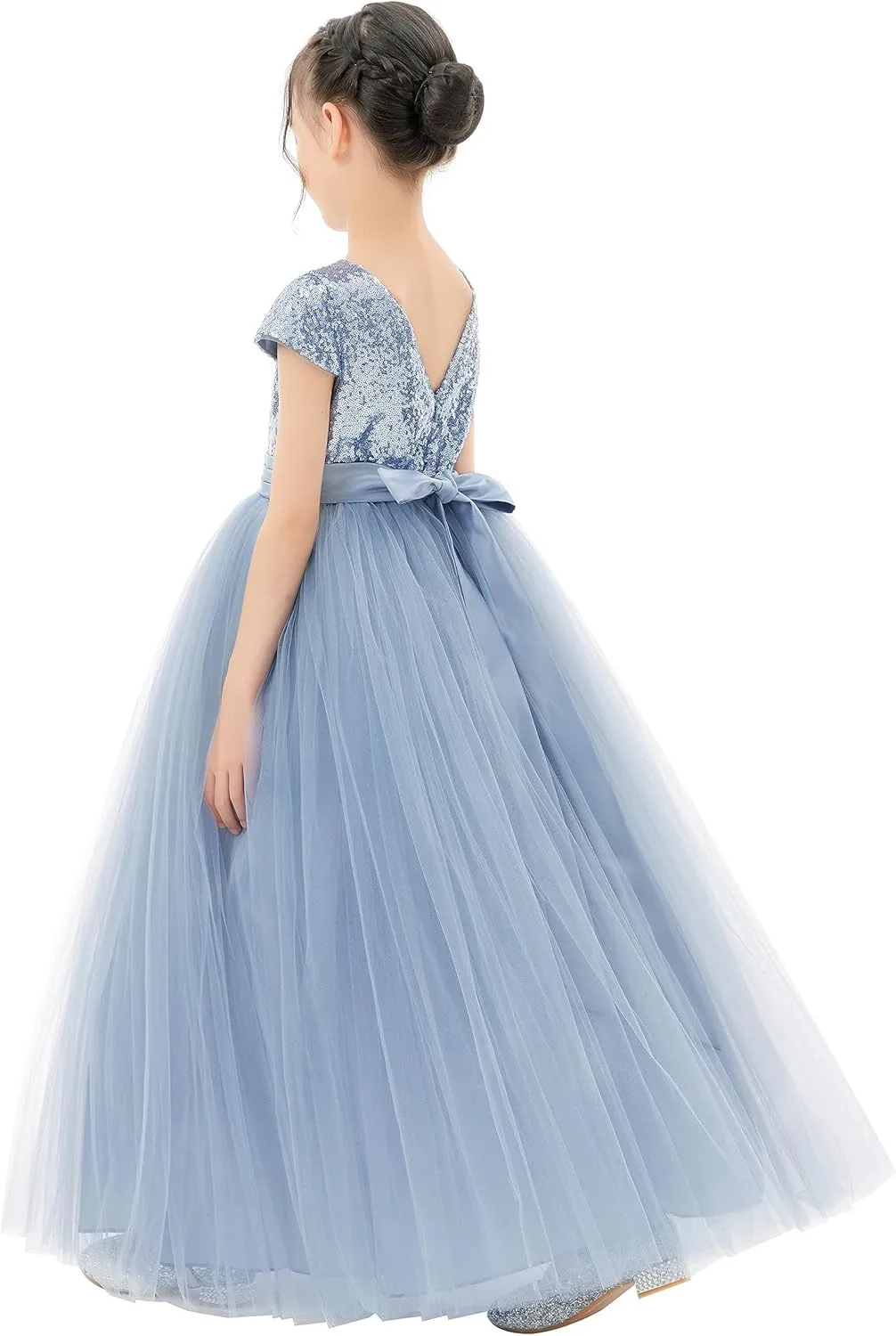 ekidsbridal Sequins V-Back Cap Sleeves Formal Flower Girl Dresses for Junior Pageants 323