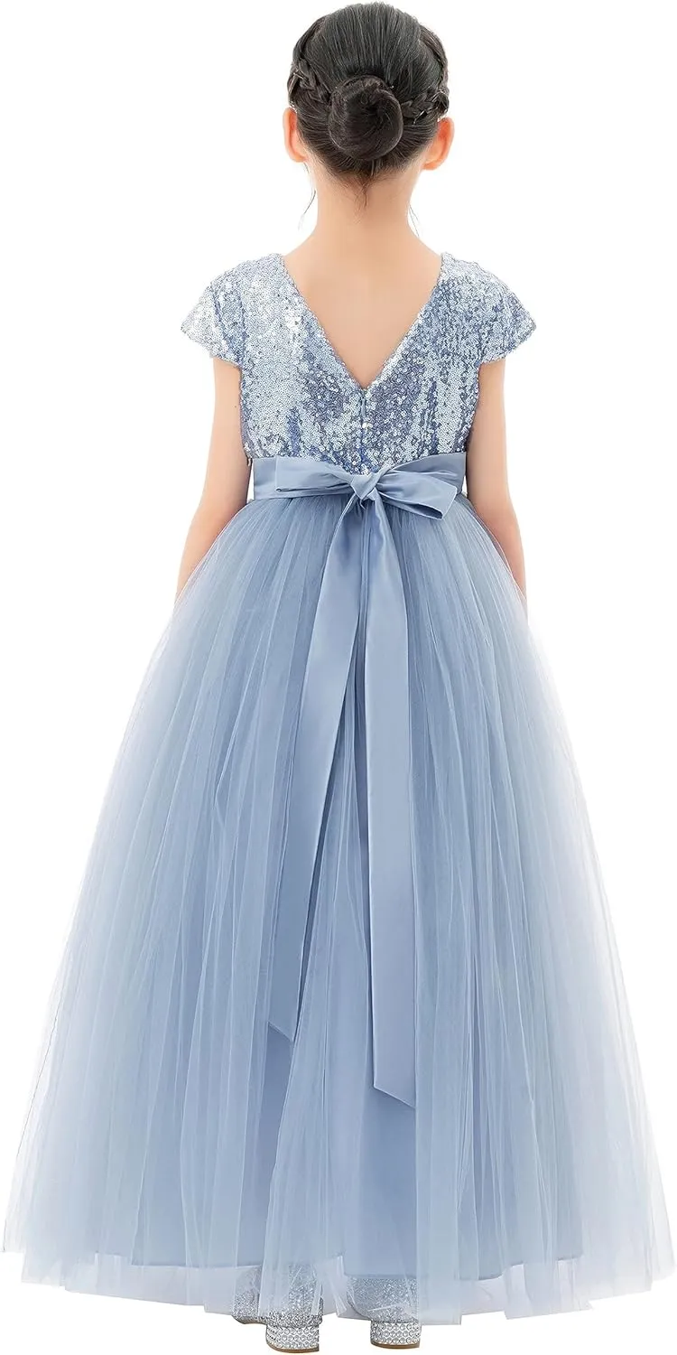 ekidsbridal Sequins V-Back Cap Sleeves Formal Flower Girl Dresses for Junior Pageants 323