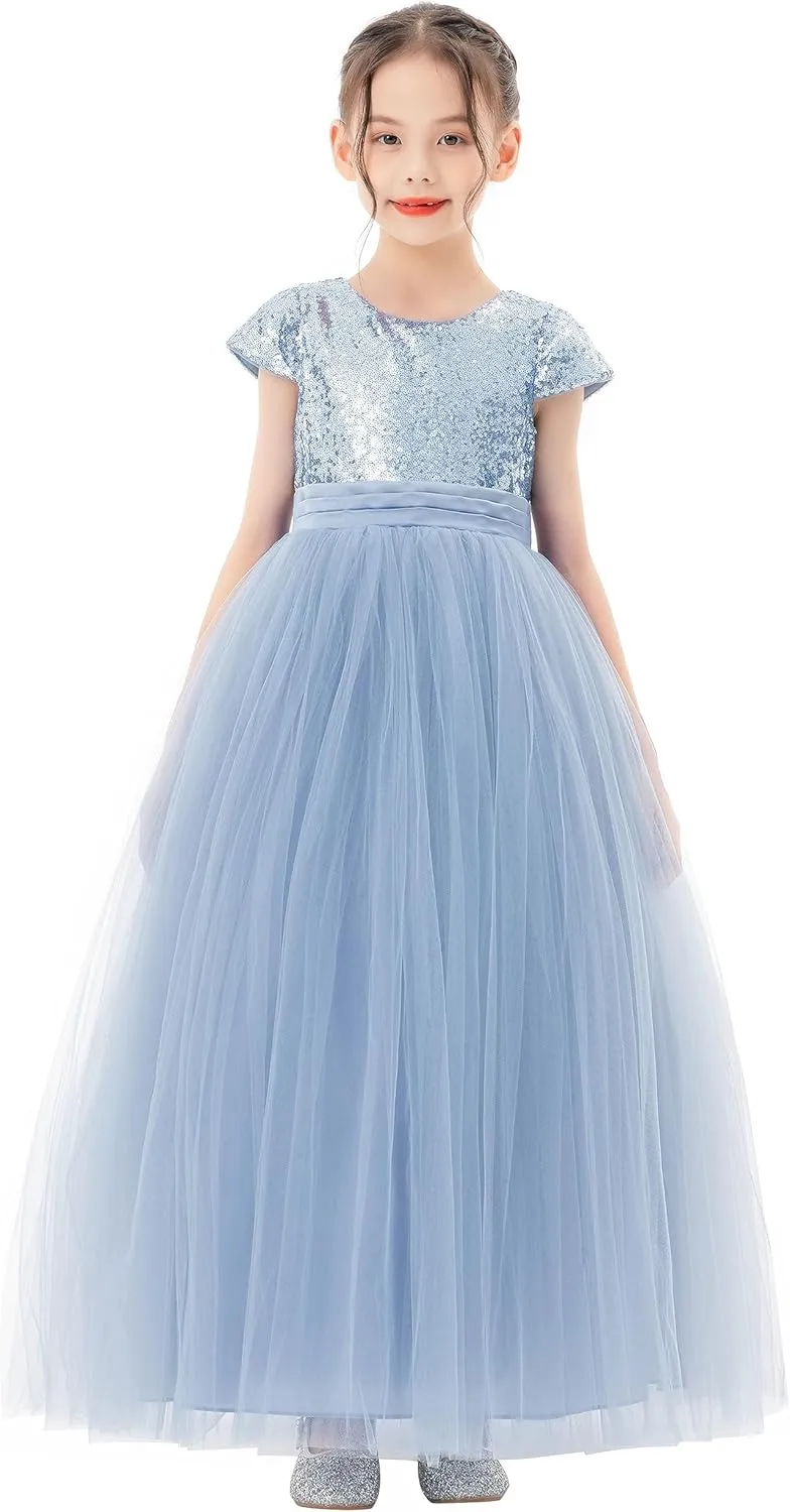 ekidsbridal Sequins V-Back Cap Sleeves Formal Flower Girl Dresses for Junior Pageants 323