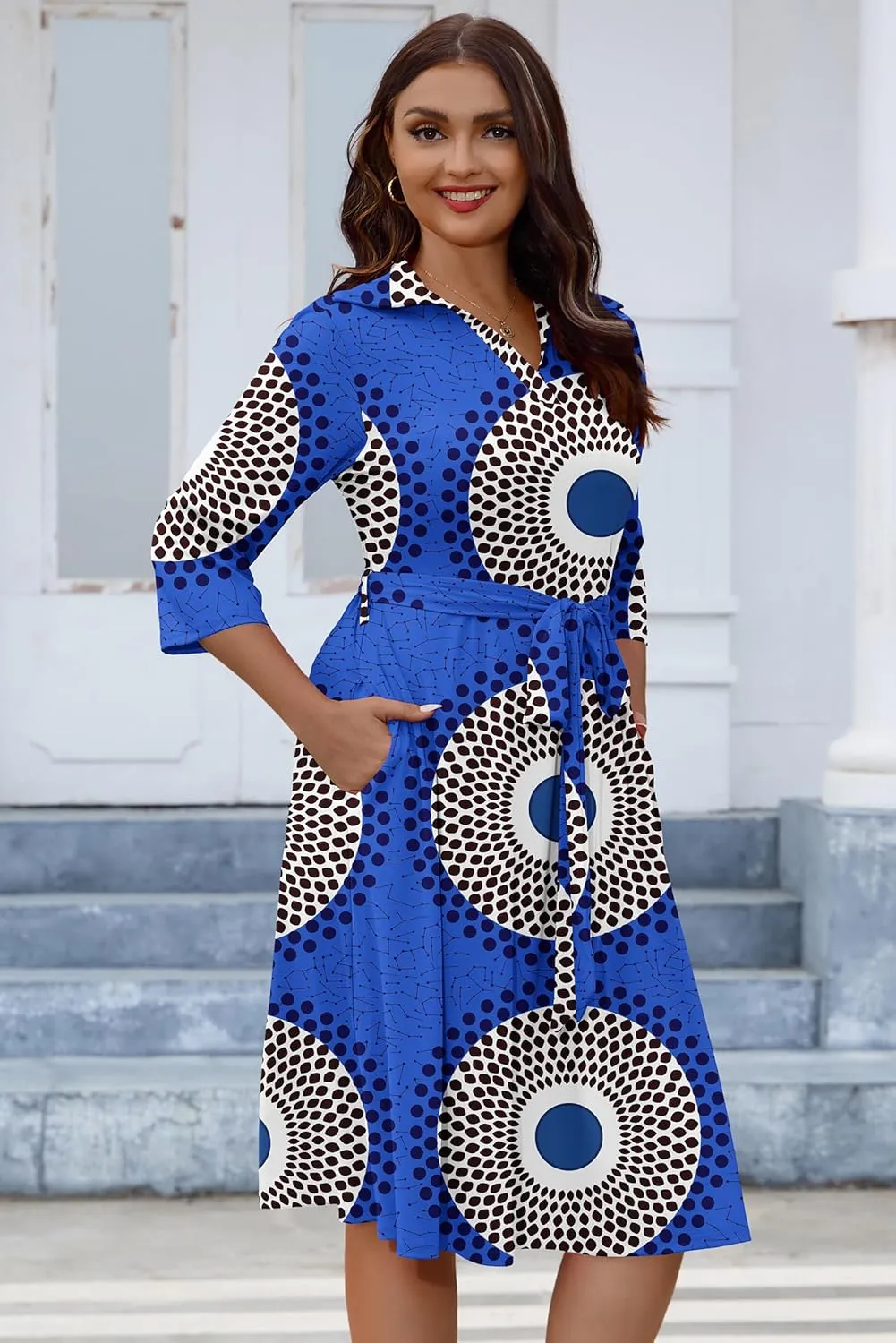 FANDEE Plus Size Midi Dress for Women - Printing Summer Dresses for Wedding Guest Cocktail Party 3/4 Sleeve V Neck（XL-5XL）