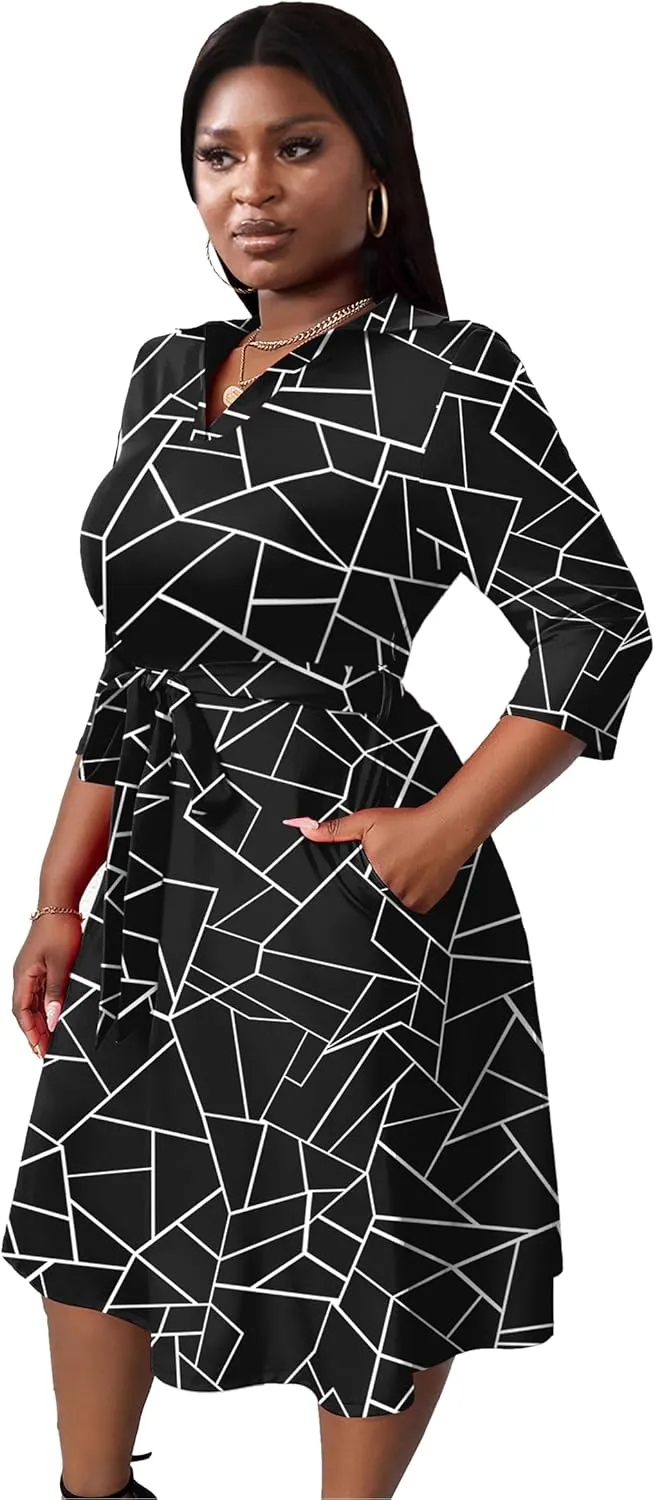 FANDEE Plus Size Midi Dress for Women - Printing Summer Dresses for Wedding Guest Cocktail Party 3/4 Sleeve V Neck（XL-5XL）