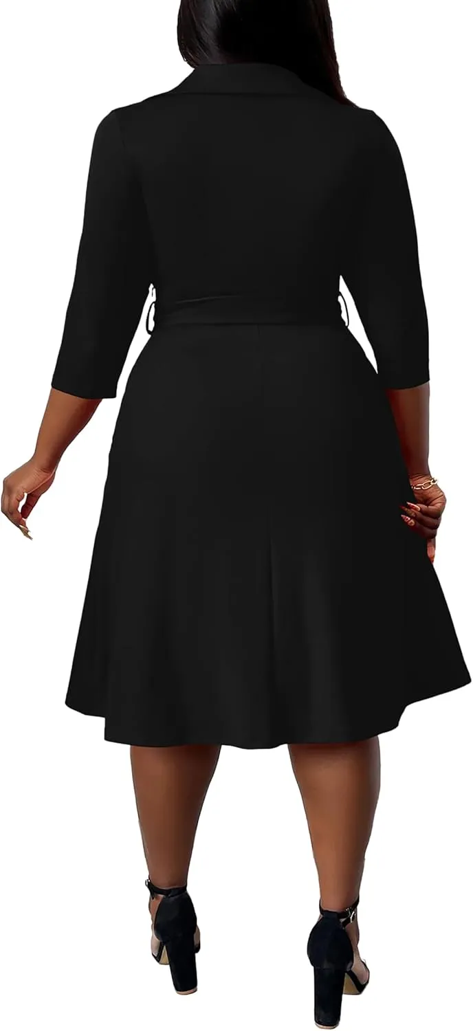 FANDEE Plus Size Midi Dress for Women - Printing Summer Dresses for Wedding Guest Cocktail Party 3/4 Sleeve V Neck（XL-5XL）