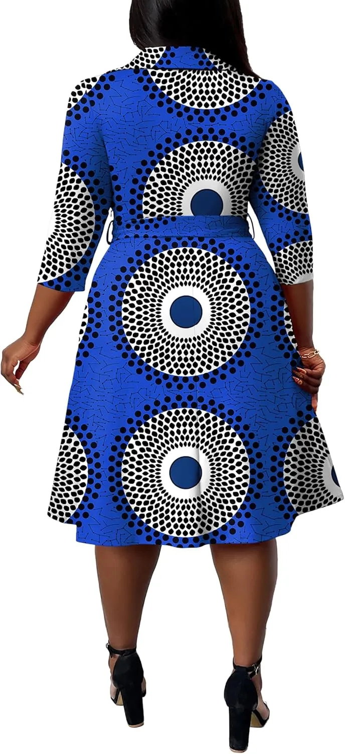 FANDEE Plus Size Midi Dress for Women - Printing Summer Dresses for Wedding Guest Cocktail Party 3/4 Sleeve V Neck（XL-5XL）