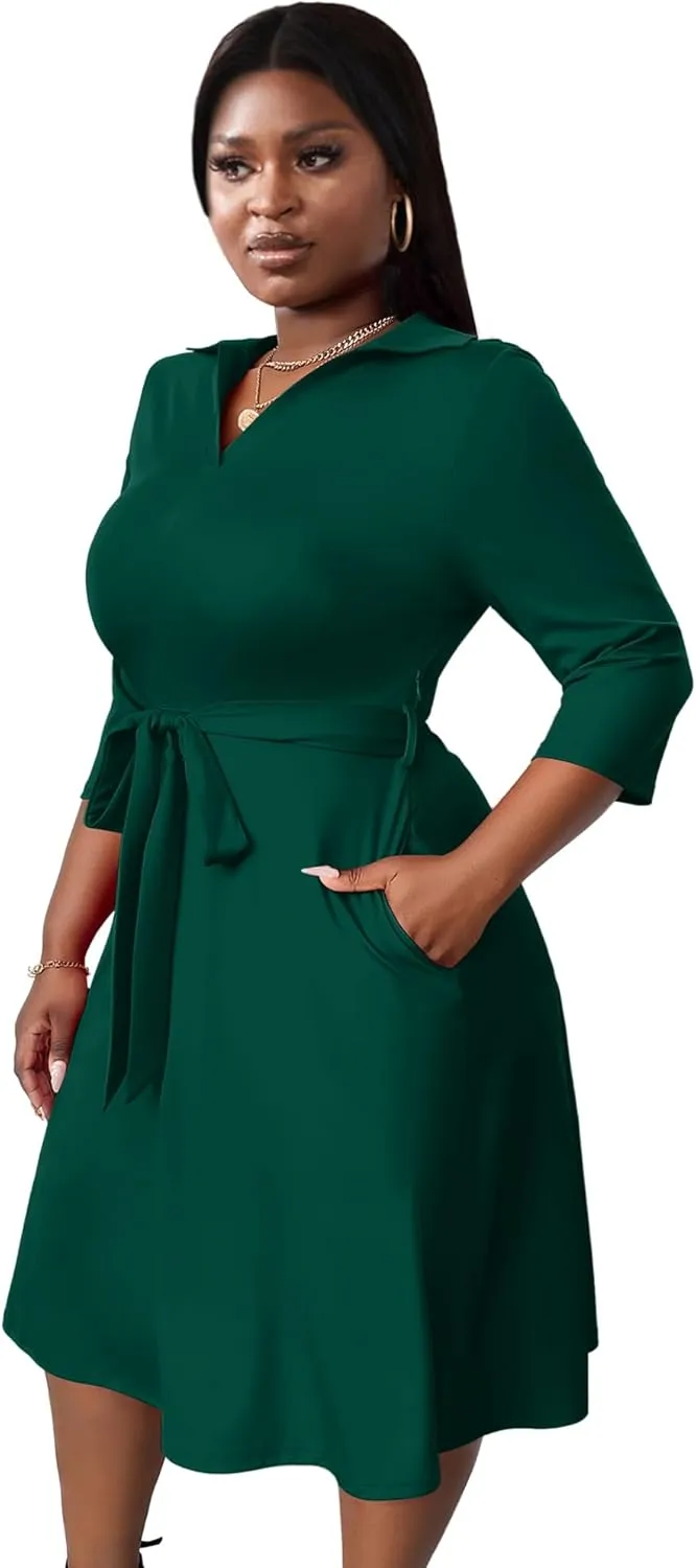 FANDEE Plus Size Midi Dress for Women - Printing Summer Dresses for Wedding Guest Cocktail Party 3/4 Sleeve V Neck（XL-5XL）