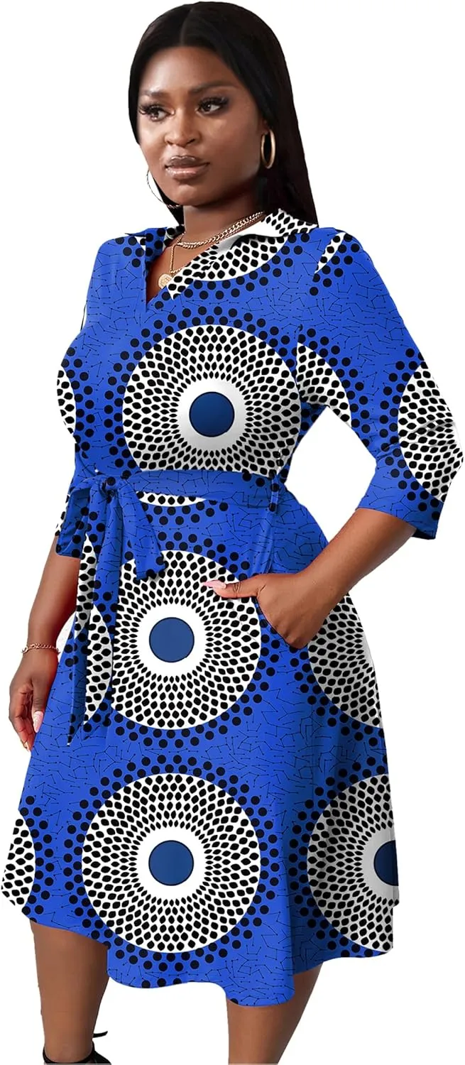 FANDEE Plus Size Midi Dress for Women - Printing Summer Dresses for Wedding Guest Cocktail Party 3/4 Sleeve V Neck（XL-5XL）