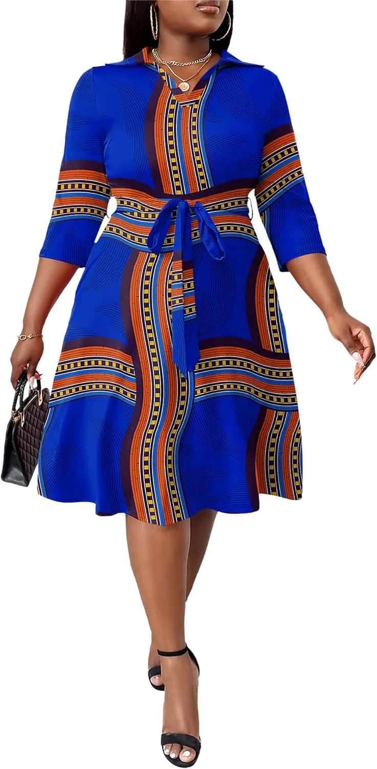 FANDEE Plus Size Midi Dress for Women - Printing Summer Dresses for Wedding Guest Cocktail Party 3/4 Sleeve V Neck（XL-5XL）