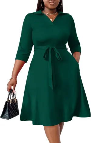 FANDEE Plus Size Midi Dress for Women - Printing Summer Dresses for Wedding Guest Cocktail Party 3/4 Sleeve V Neck（XL-5XL）