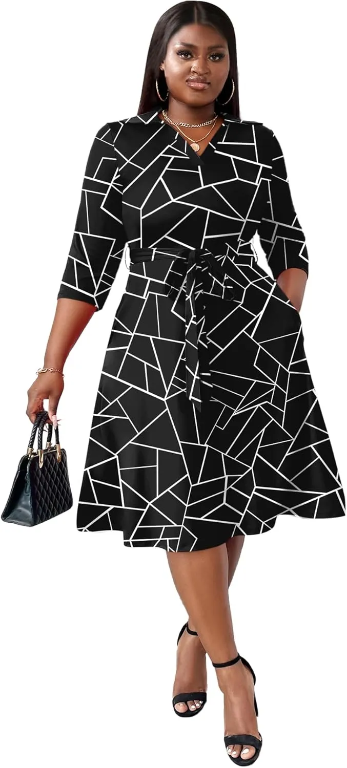 FANDEE Plus Size Midi Dress for Women - Printing Summer Dresses for Wedding Guest Cocktail Party 3/4 Sleeve V Neck（XL-5XL）