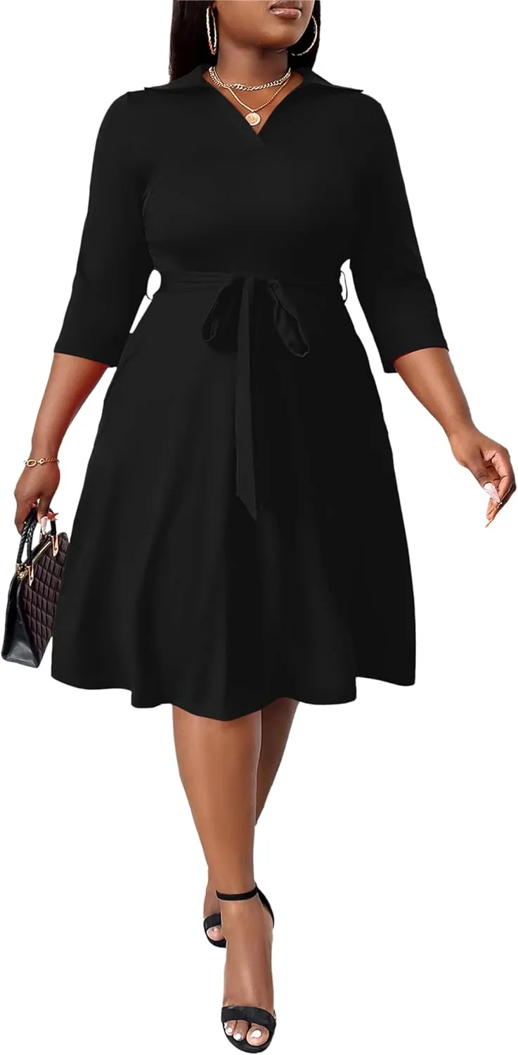 FANDEE Plus Size Midi Dress for Women - Printing Summer Dresses for Wedding Guest Cocktail Party 3/4 Sleeve V Neck（XL-5XL）