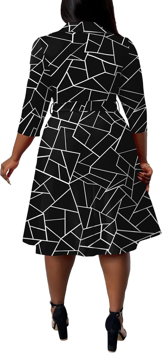 FANDEE Plus Size Midi Dress for Women - Printing Summer Dresses for Wedding Guest Cocktail Party 3/4 Sleeve V Neck（XL-5XL）