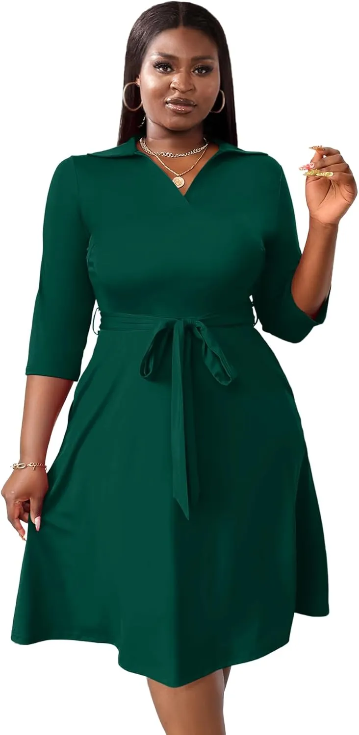 FANDEE Plus Size Midi Dress for Women - Printing Summer Dresses for Wedding Guest Cocktail Party 3/4 Sleeve V Neck（XL-5XL）