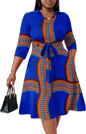 FANDEE Plus Size Midi Dress for Women - Printing Summer Dresses for Wedding Guest Cocktail Party 3/4 Sleeve V Neck（XL-5XL）