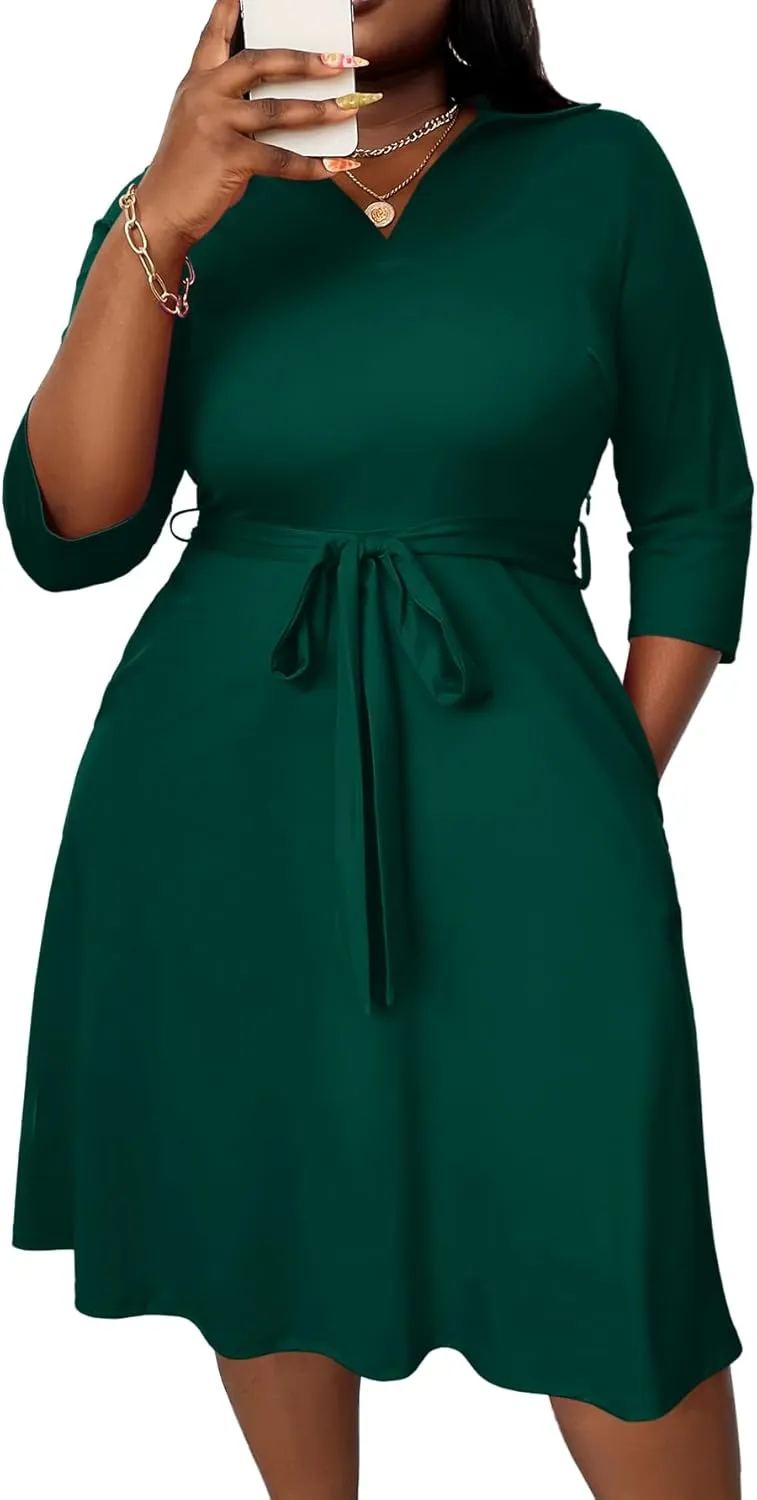 FANDEE Plus Size Midi Dress for Women - Printing Summer Dresses for Wedding Guest Cocktail Party 3/4 Sleeve V Neck（XL-5XL）